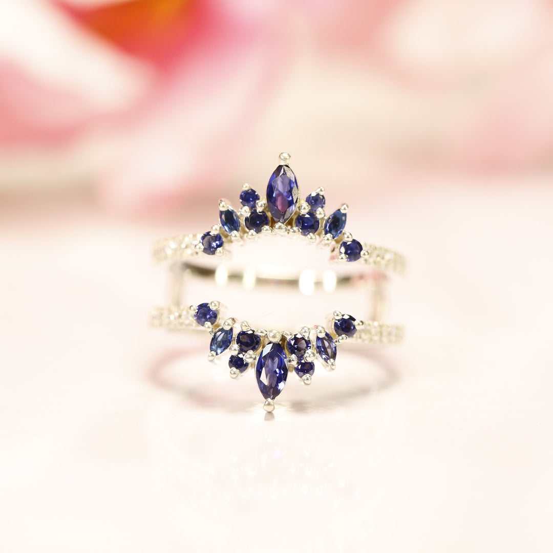 Marquise Shape Blue Sapphire & Diamond Ring - 14K White Gold Over Enhancer Ring - Solitaire Enhancer Ring - Ring Jacket - Wedding Gift