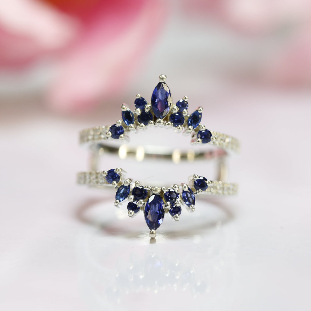 Marquise Shape Blue Sapphire & Diamond Ring - 14K White Gold Over Enhancer Ring - Solitaire Enhancer Ring - Ring Jacket - Wedding Gift