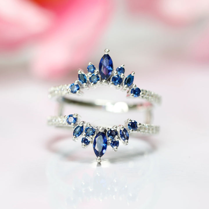 Marquise Shape Blue Sapphire & Diamond Ring - 14K White Gold Over Enhancer Ring - Solitaire Enhancer Ring - Ring Jacket - Wedding Gift