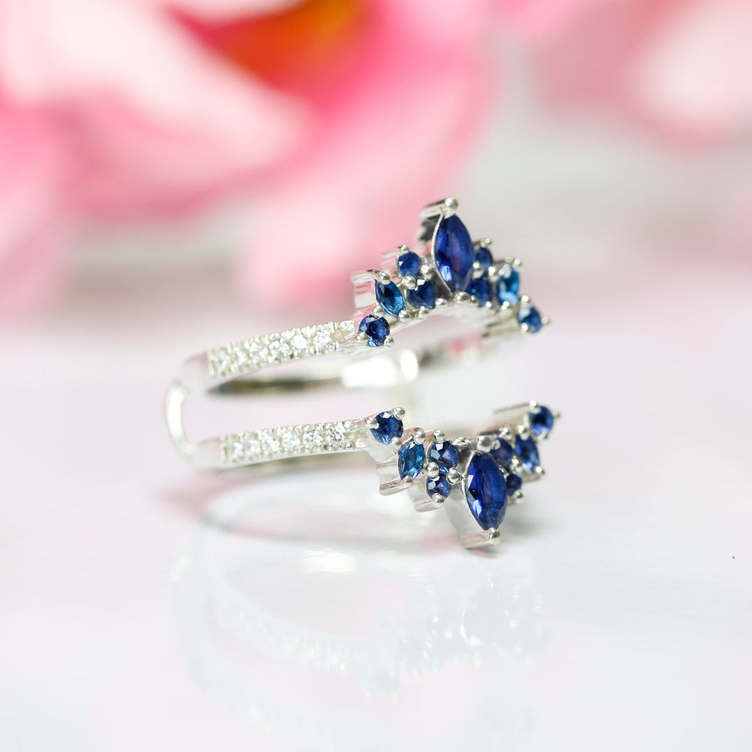 Marquise Shape Blue Sapphire & Diamond Ring - 14K White Gold Over Enhancer Ring - Solitaire Enhancer Ring - Ring Jacket - Wedding Gift