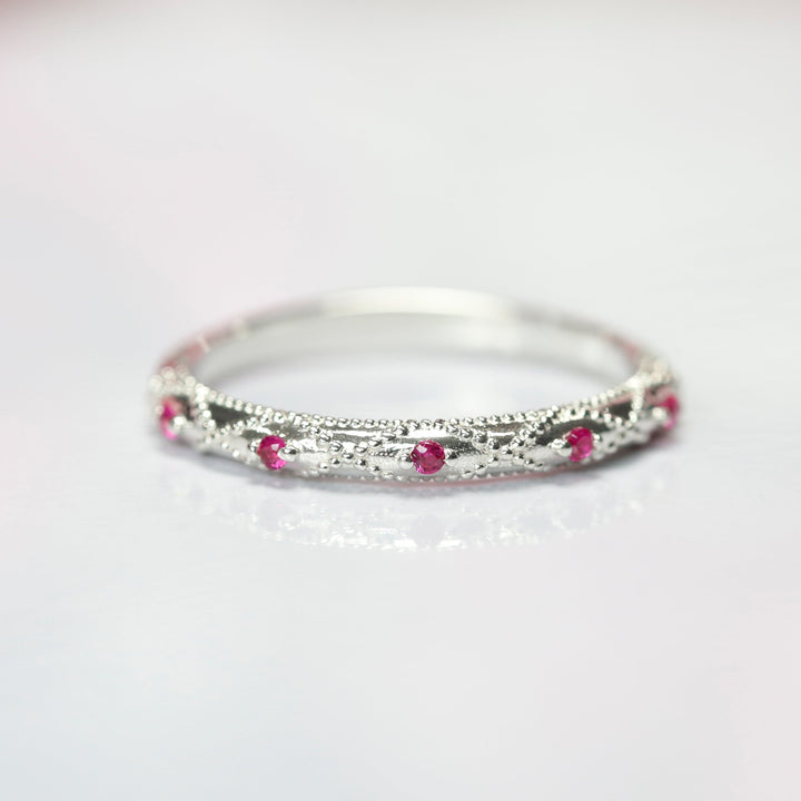 Ruby Half Eternity Ring for Women - Art Deco Wedding Band 925 Sterling Silver