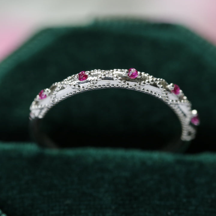 Ruby Half Eternity Ring for Women - Art Deco Wedding Band 925 Sterling Silver