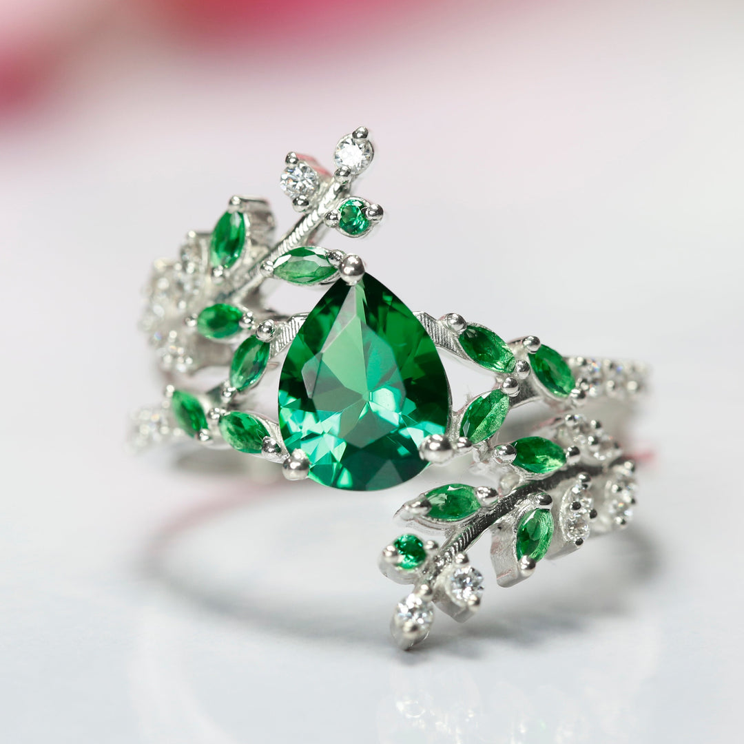 Emerald Leaf Engagement Ring Unique Promise Ring For Her Emerald Birthstone May Birthstone
