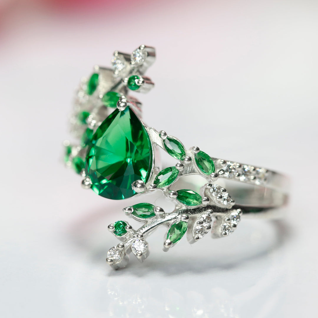 Emerald Leaf Engagement Ring - Unique Promise Ring For Her - Emerald Birthstone - May Birthstone