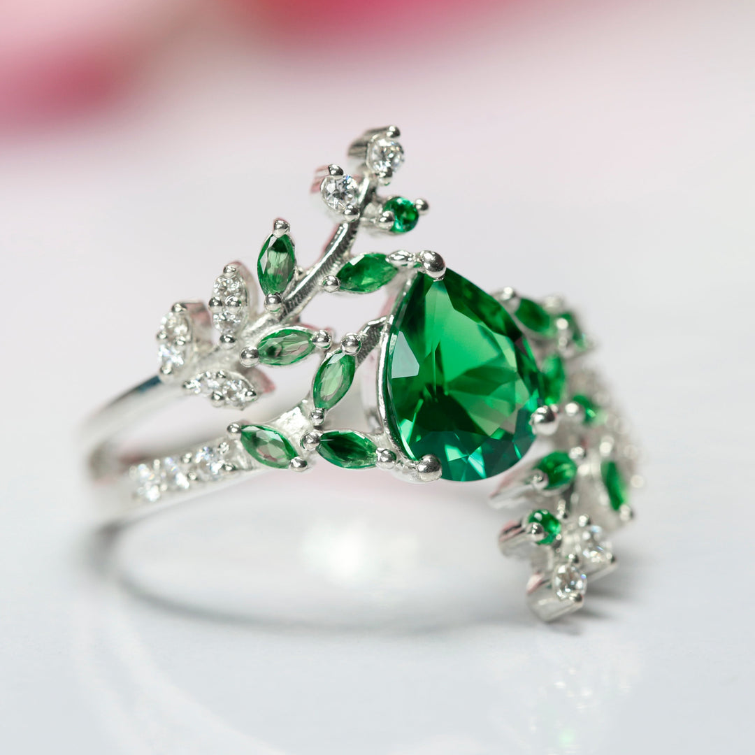 Emerald Leaf Engagement Ring - Unique Promise Ring For Her - Emerald Birthstone - May Birthstone