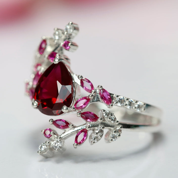 Ruby & Diamond Leaf Engagement Ring Set- 14K White Gold Finish Fairy Promise Ring For Her- July Birthstone Ring Anniversary Gift For Her