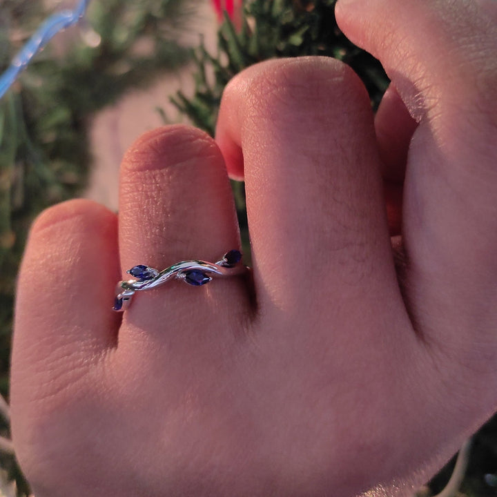 Marquise Cut Blue Sapphire Leaf Engagement Ring in Sterling Silver - September Birthstone Ring