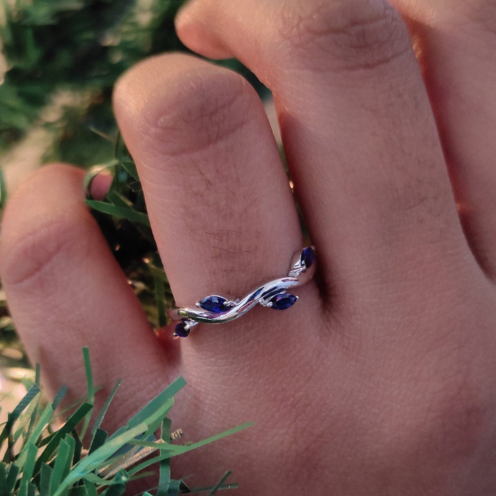 Marquise Cut Blue Sapphire Leaf Engagement Ring in Sterling Silver - September Birthstone Ring