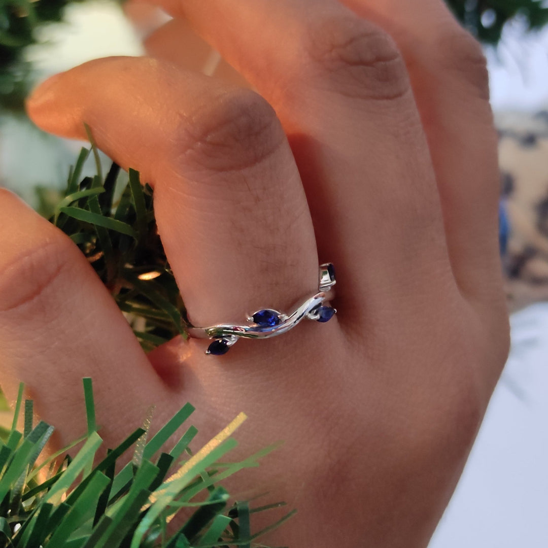 Marquise Cut Blue Sapphire Leaf Engagement Ring in Sterling Silver - September Birthstone Ring