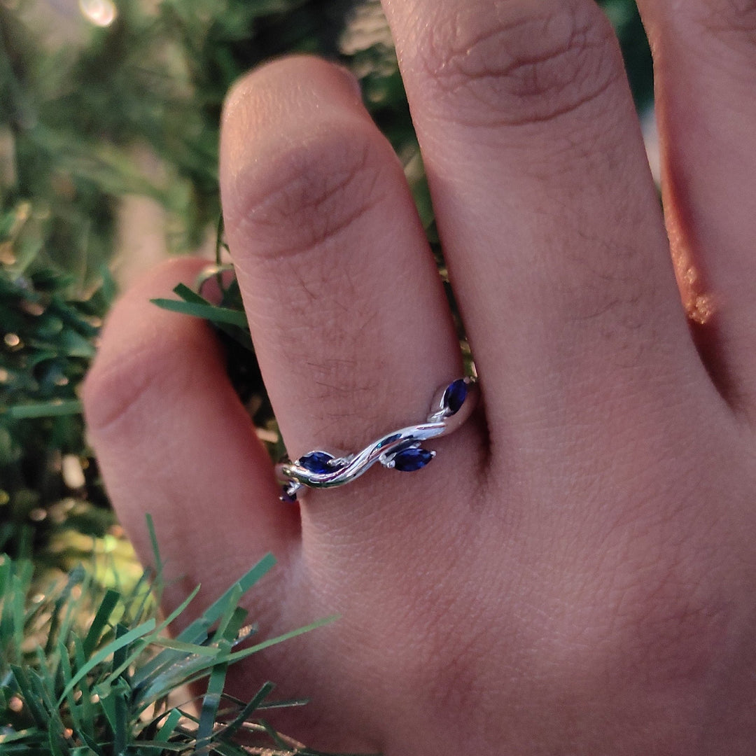 Marquise Cut Blue Sapphire Leaf Engagement Ring in Sterling Silver - September Birthstone Ring