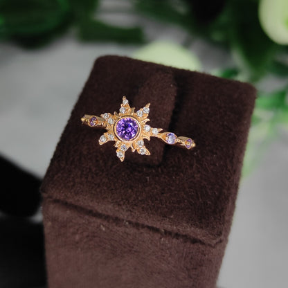 Rapunzel Princess Magic Sunflower Engagement Ring - February Birthstone - Amethyst Crown Ring