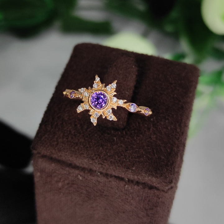 Princess Magic Sunflower Engagement Ring - February Birthstone - Amethyst Crown Ring - 14k Yellow Gold Finish - Gift For Her