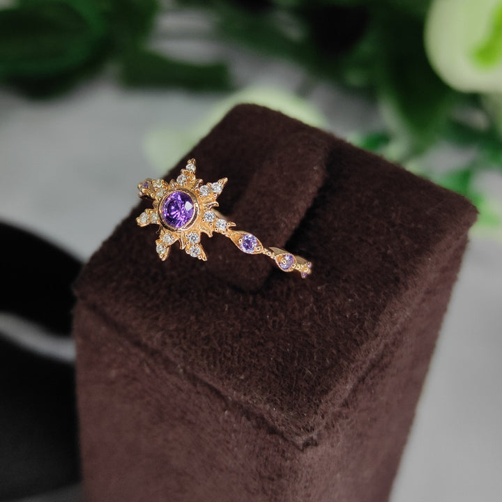 Princess Magic Sunflower Engagement Ring - February Birthstone - Amethyst Crown Ring - 14k Yellow Gold Finish - Gift For Her