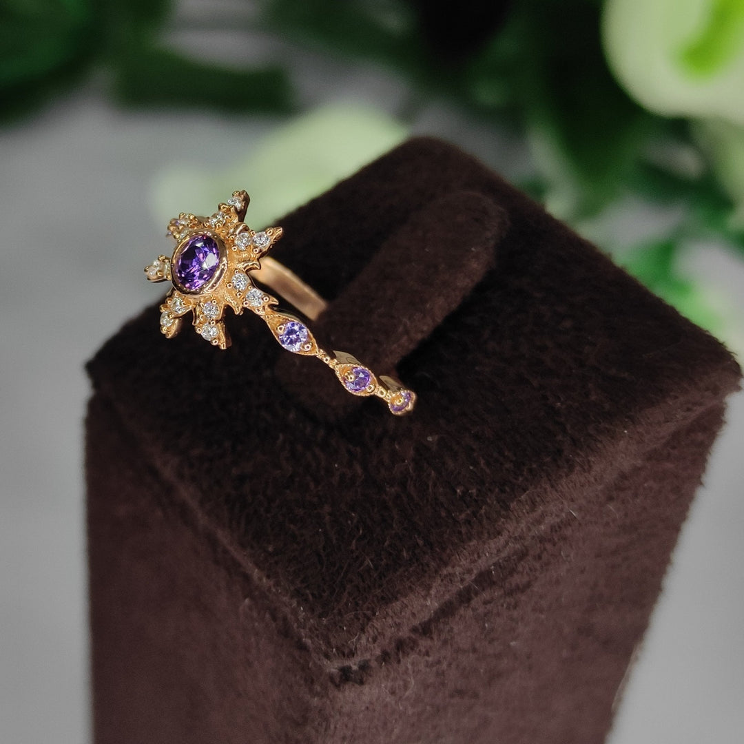 Princess Magic Sunflower Engagement Ring - February Birthstone - Amethyst Crown Ring - 14k Yellow Gold Finish - Gift For Her