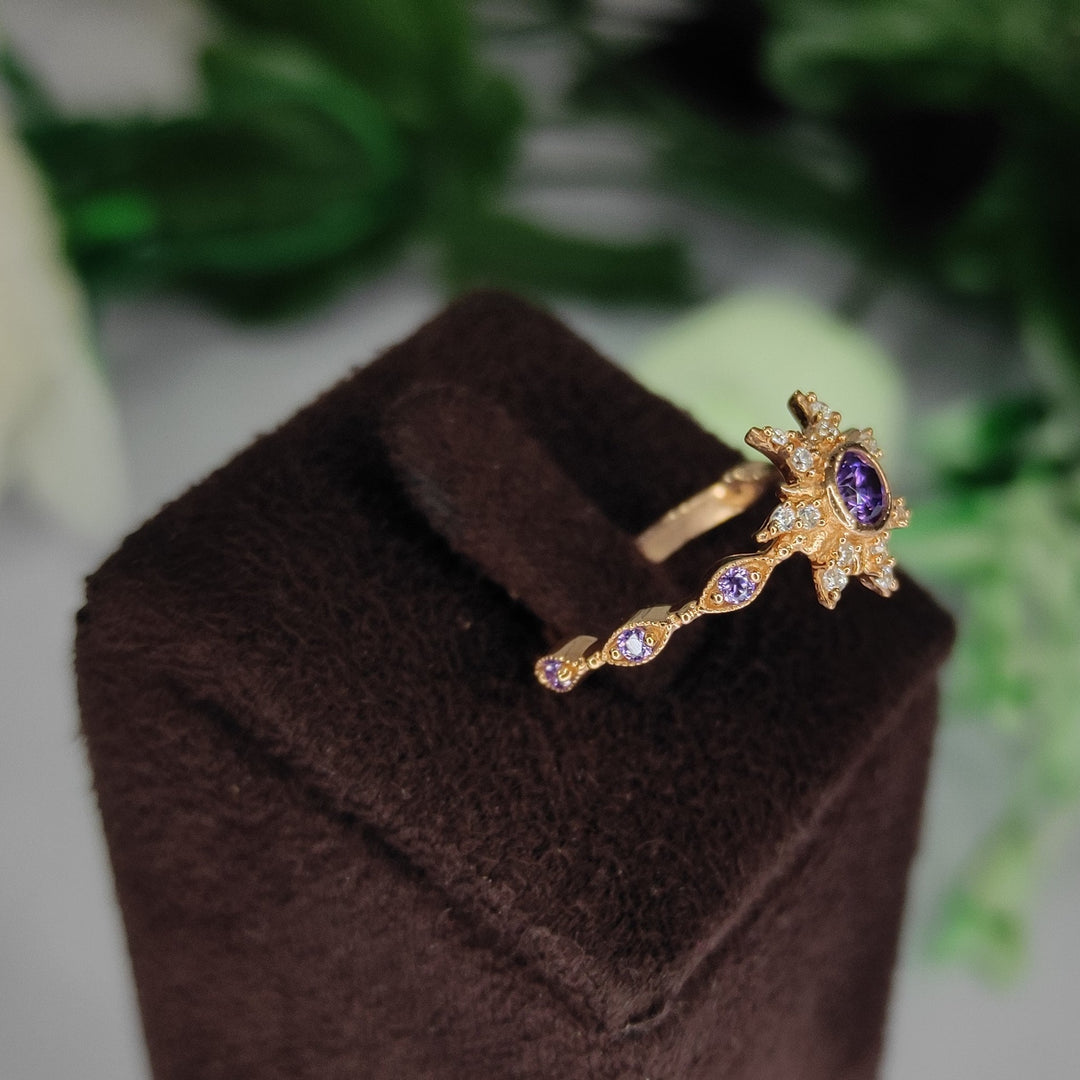 Princess Magic Sunflower Engagement Ring - February Birthstone - Amethyst Crown Ring - 14k Yellow Gold Finish - Gift For Her