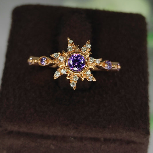 Rapunzel Princess Magic Sunflower Engagement Ring - February Birthstone - Amethyst Crown Ring
