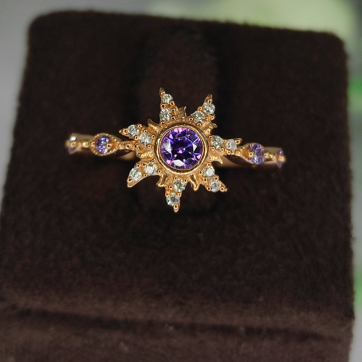 Princess Magic Sunflower Engagement Ring - February Birthstone - Amethyst Crown Ring - 14k Yellow Gold Finish - Gift For Her