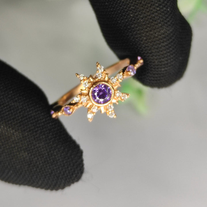 Princess Magic Sunflower Engagement Ring - February Birthstone - Amethyst Crown Ring - 14k Yellow Gold Finish - Gift For Her