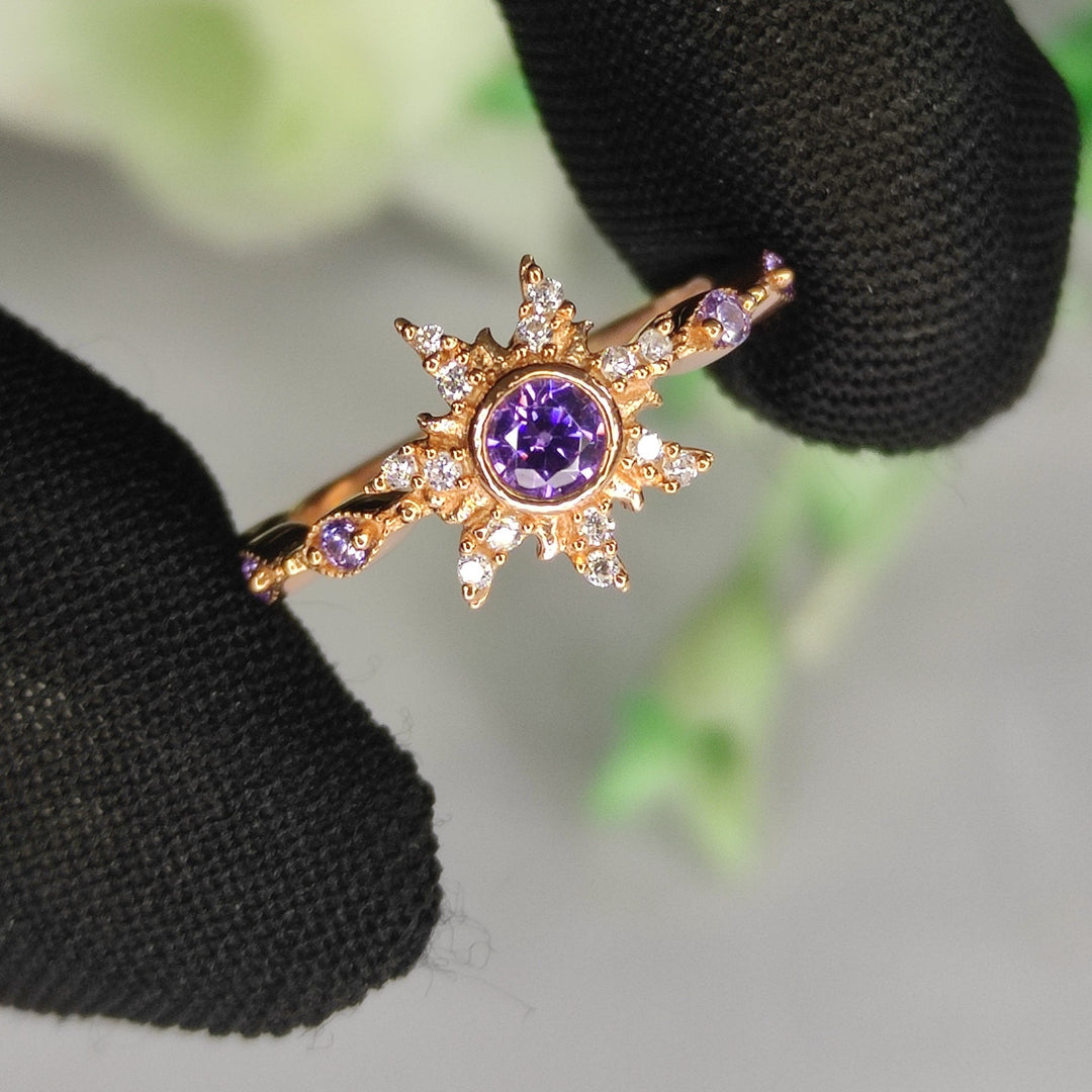 Princess Magic Sunflower Engagement Ring - February Birthstone - Amethyst Crown Ring - 14k Yellow Gold Finish - Gift For Her