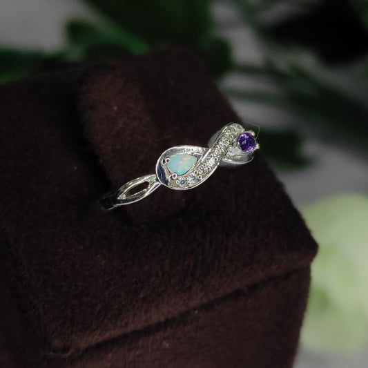 Opal and Amethyst Keepsake Infinity Ring - Bezel Stacking Ring - February Birthstone Ring