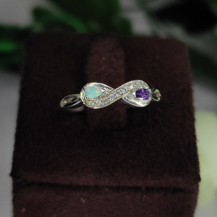 Opal and Amethyst Keepsake Infinity Ring in 925 Sterling Silver - February Birthstone Ring