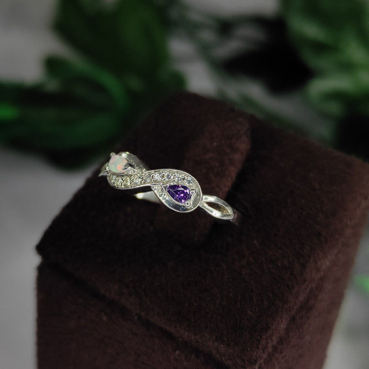 Opal and Amethyst Keepsake Infinity Ring in 925 Sterling Silver - February Birthstone Ring