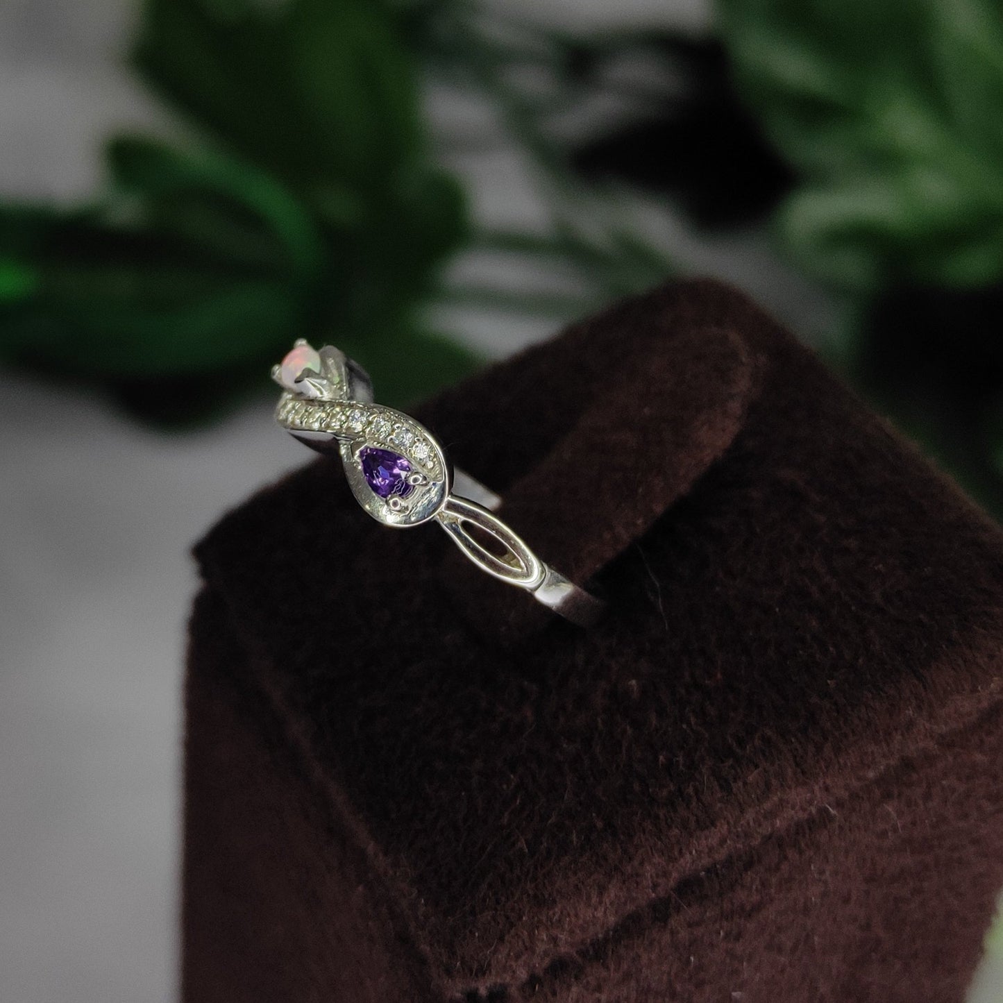 Opal and Amethyst Keepsake Infinity Ring - Bezel Stacking Ring - February Birthstone Ring