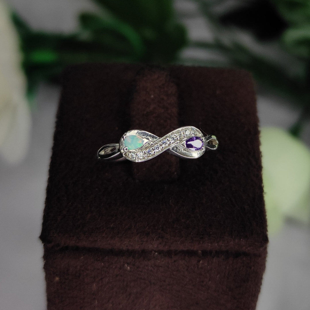 Opal and Amethyst Keepsake Infinity Ring in 925 Sterling Silver - February Birthstone Ring