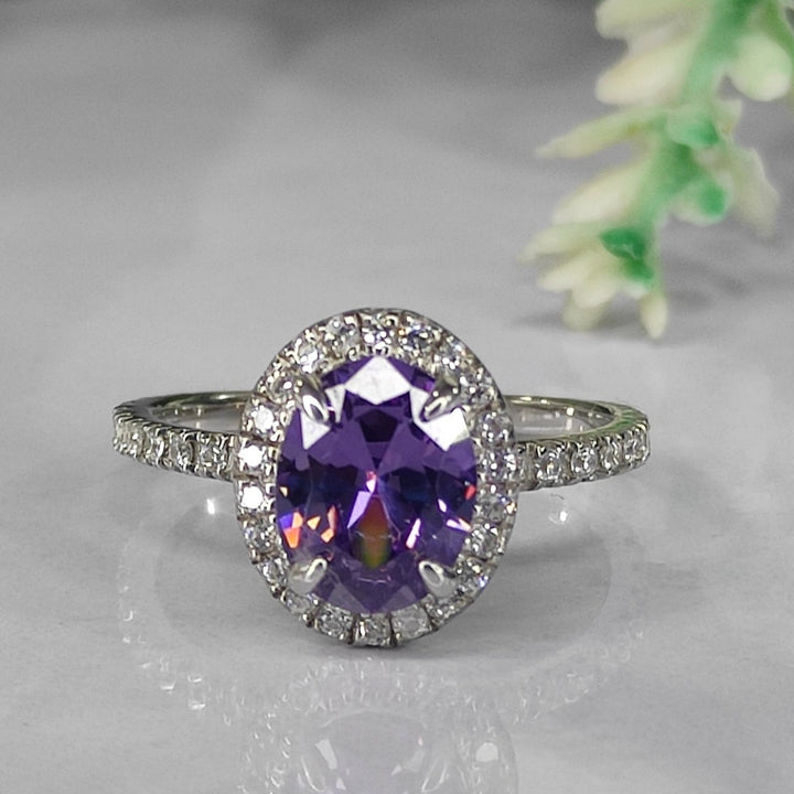 Oval Amethyst & Diamond Halo Engagement Ring in Sterling Silver - Dainty Promise Ring