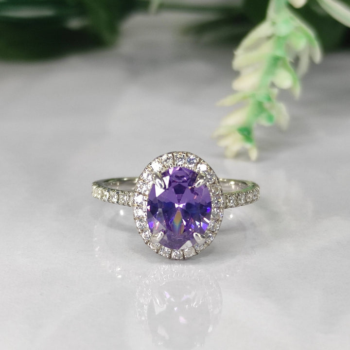 Oval Amethyst & Diamond Halo Engagement Ring in Sterling Silver - Dainty Promise Ring