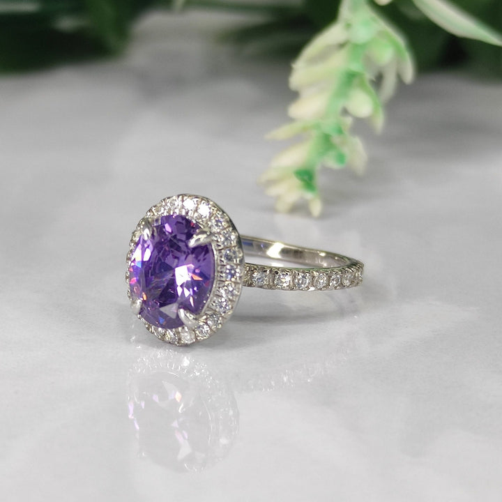 Oval Amethyst & Diamond Halo Engagement Ring in Sterling Silver - Dainty Promise Ring