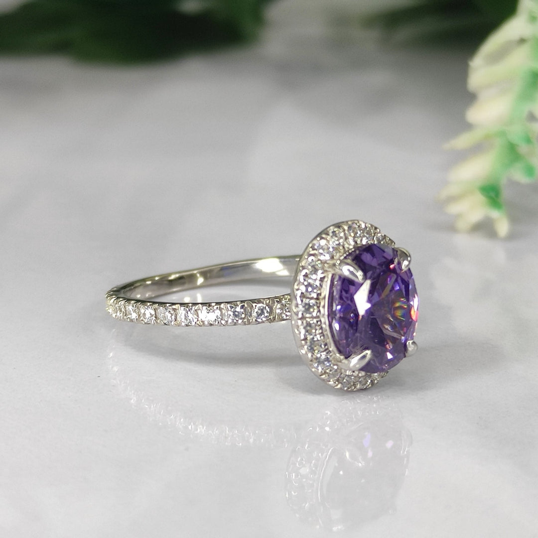 Oval Amethyst & Diamond Halo Engagement Ring in Sterling Silver - Dainty Promise Ring