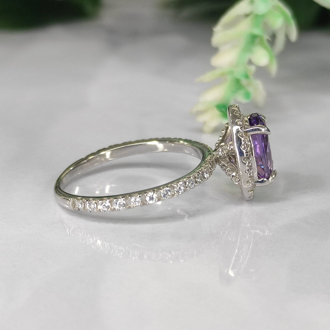 Oval Amethyst & Diamond Halo Engagement Ring in Sterling Silver - Dainty Promise Ring