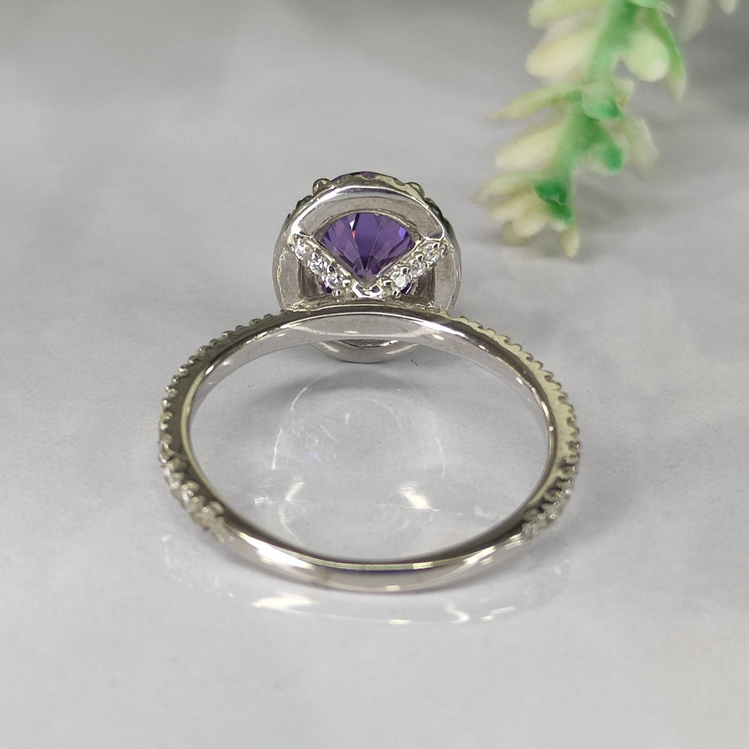 Oval Amethyst & Diamond Halo Engagement Ring in Sterling Silver - Dainty Promise Ring