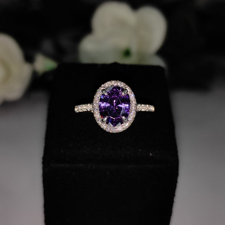 Oval Amethyst & Diamond Halo Engagement Ring in Sterling Silver - Dainty Promise Ring