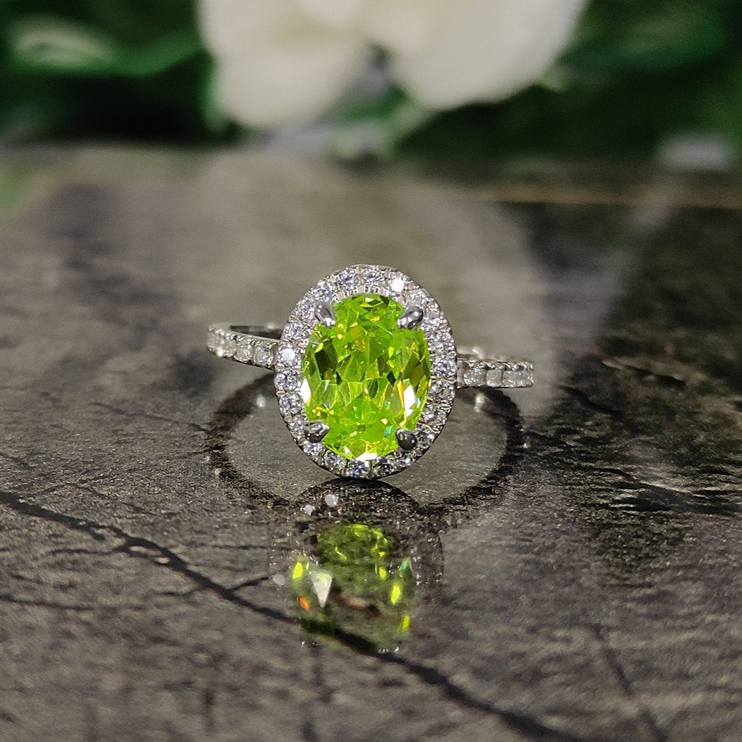 Peridot & Diamond Halo Engagement Ring in 925 Sterling Silver