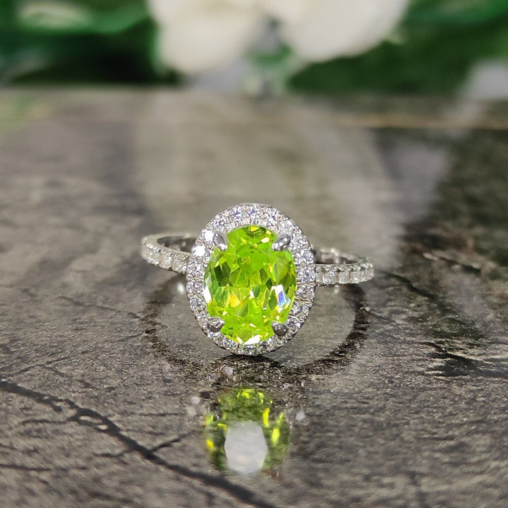 Peridot & Diamond Halo Engagement Ring in 925 Sterling Silver