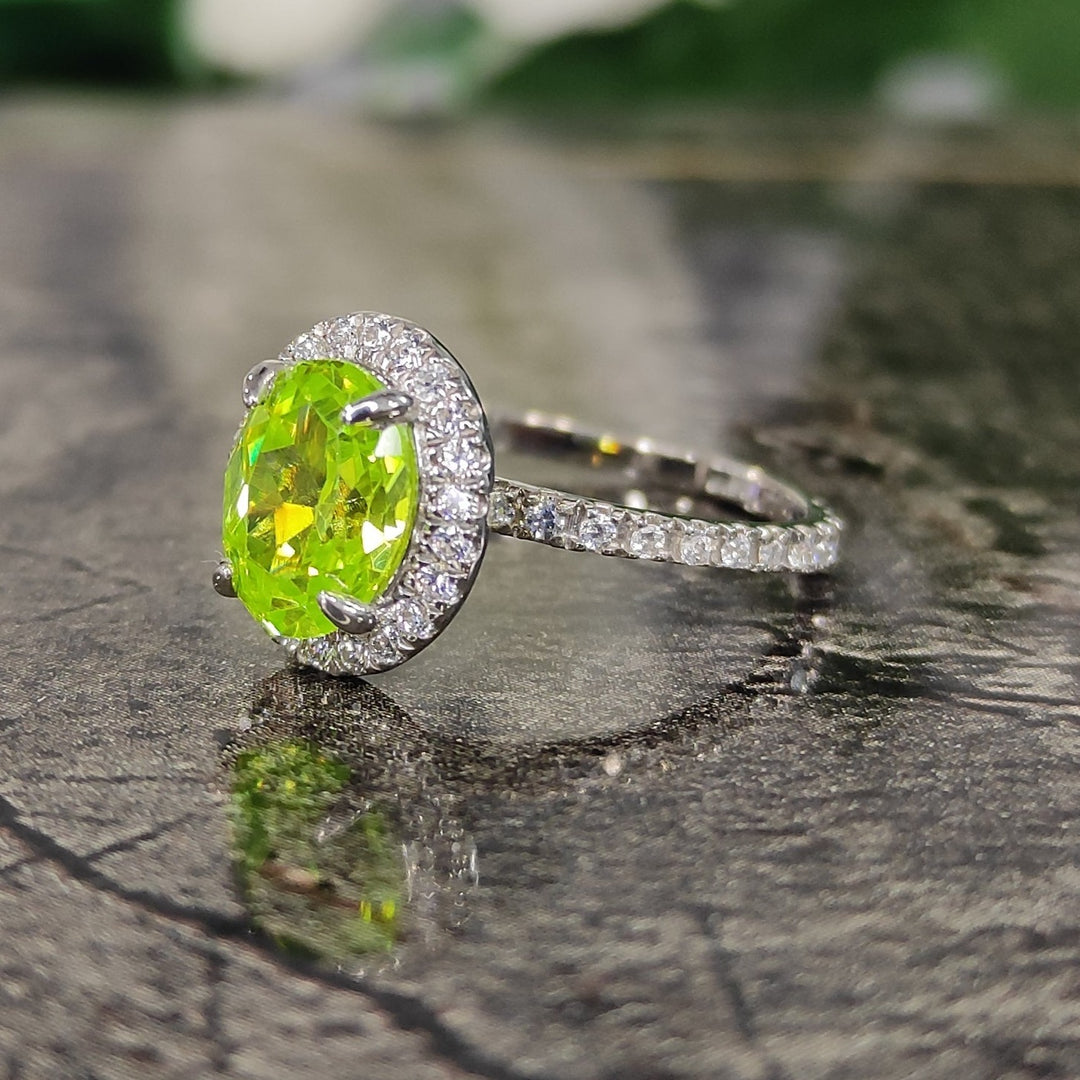 Peridot & Diamond Halo Engagement Ring in 925 Sterling Silver