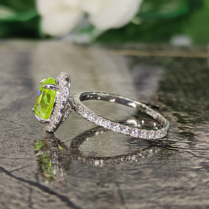 Peridot & Diamond Halo Engagement Ring in 925 Sterling Silver