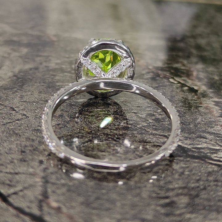 Peridot & Diamond Halo Engagement Ring in 925 Sterling Silver