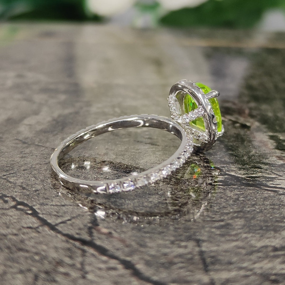 Peridot & Diamond Halo Engagement Ring in 925 Sterling Silver