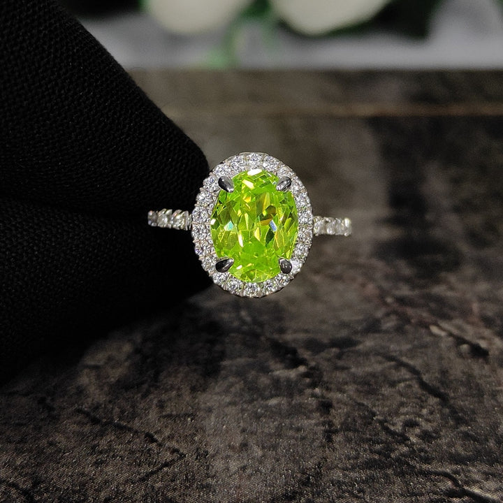 Peridot & Diamond Halo Engagement Ring in 925 Sterling Silver