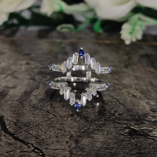 Blue Sapphire With Bauguette Diamond Wedding Ring Enhancer