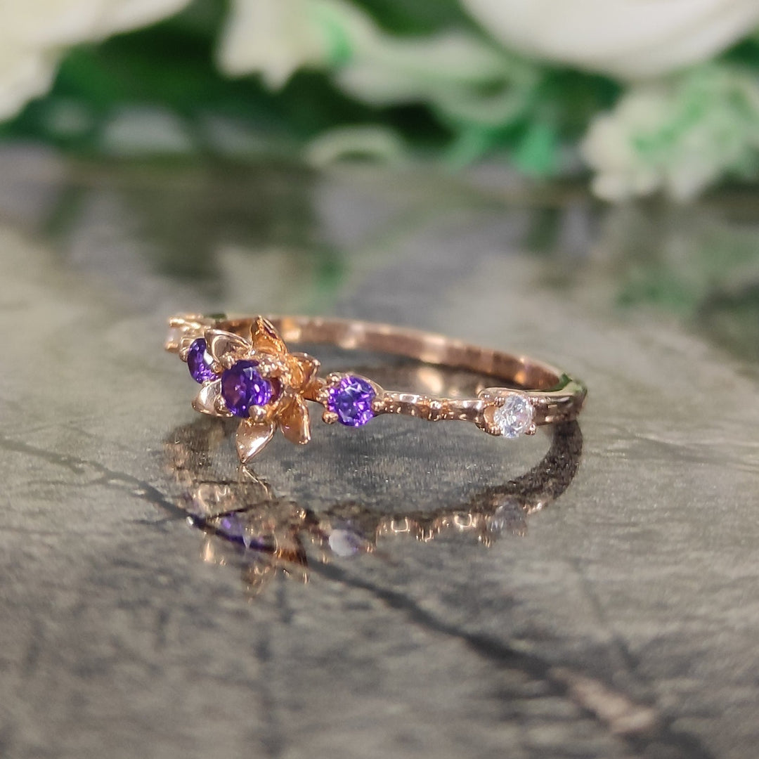 Dainty Princess Magic Sunflower Engagement Ring - 14k Rose Gold Finish - February Birthstone -  Gift For Her