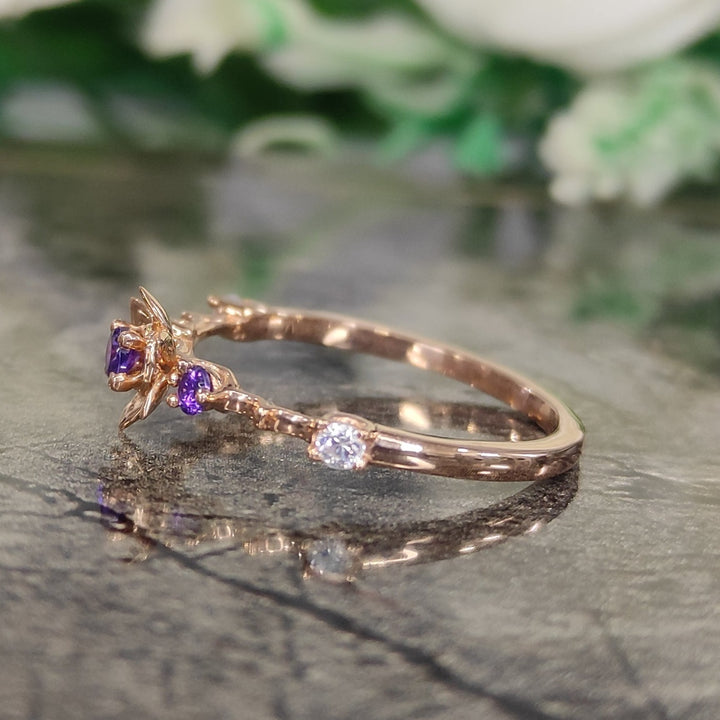 Dainty Princess Magic Sunflower Engagement Ring - 14k Rose Gold Finish - February Birthstone -  Gift For Her