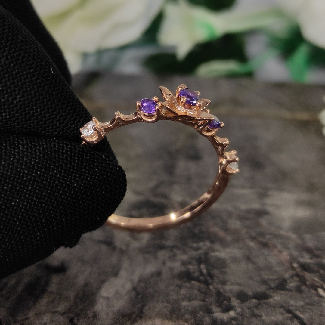 Dainty Princess Magic Sunflower Engagement Ring - 14k Rose Gold Finish - February Birthstone -  Gift For Her