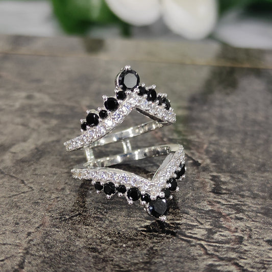 Round Black Onyx Curved Wedding Enhancer - Silver Unique Diamond Ring- Bridal ring Jacket