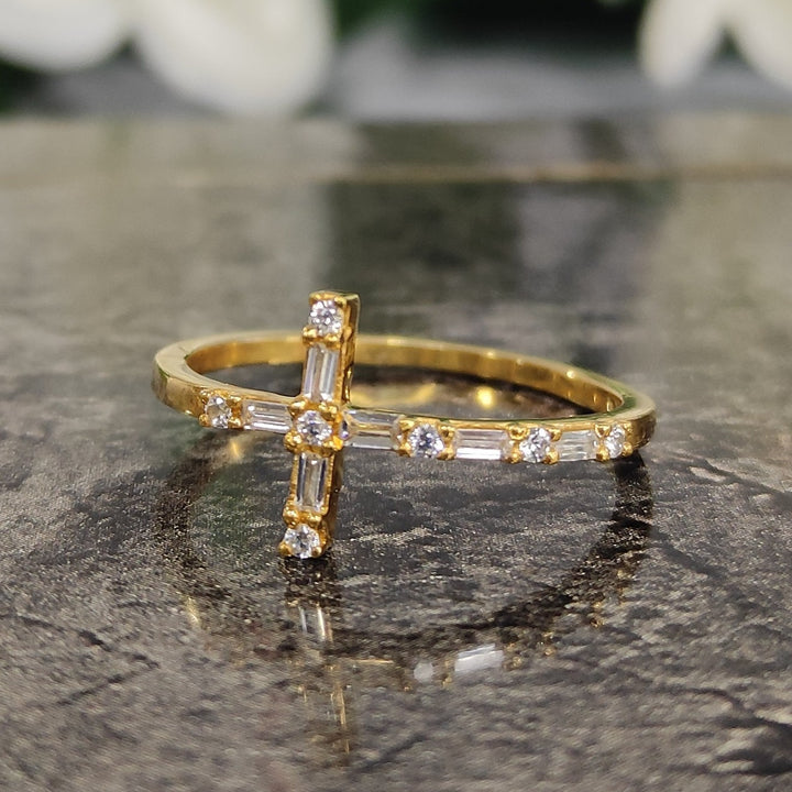 Baguette and Round Diamond Ring - 14K Gold Vermeil Diamond Cross Ring for Woman