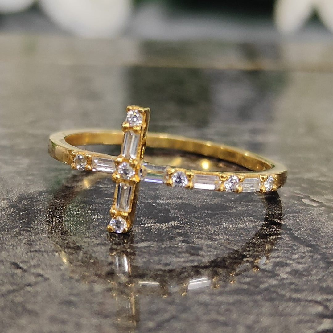 Baguette and Round Diamond Ring - 14K Gold Vermeil Diamond Cross Ring for Woman