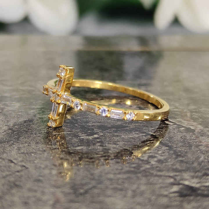 Baguette and Round Diamond Ring - 14K Gold Vermeil Diamond Cross Ring for Woman